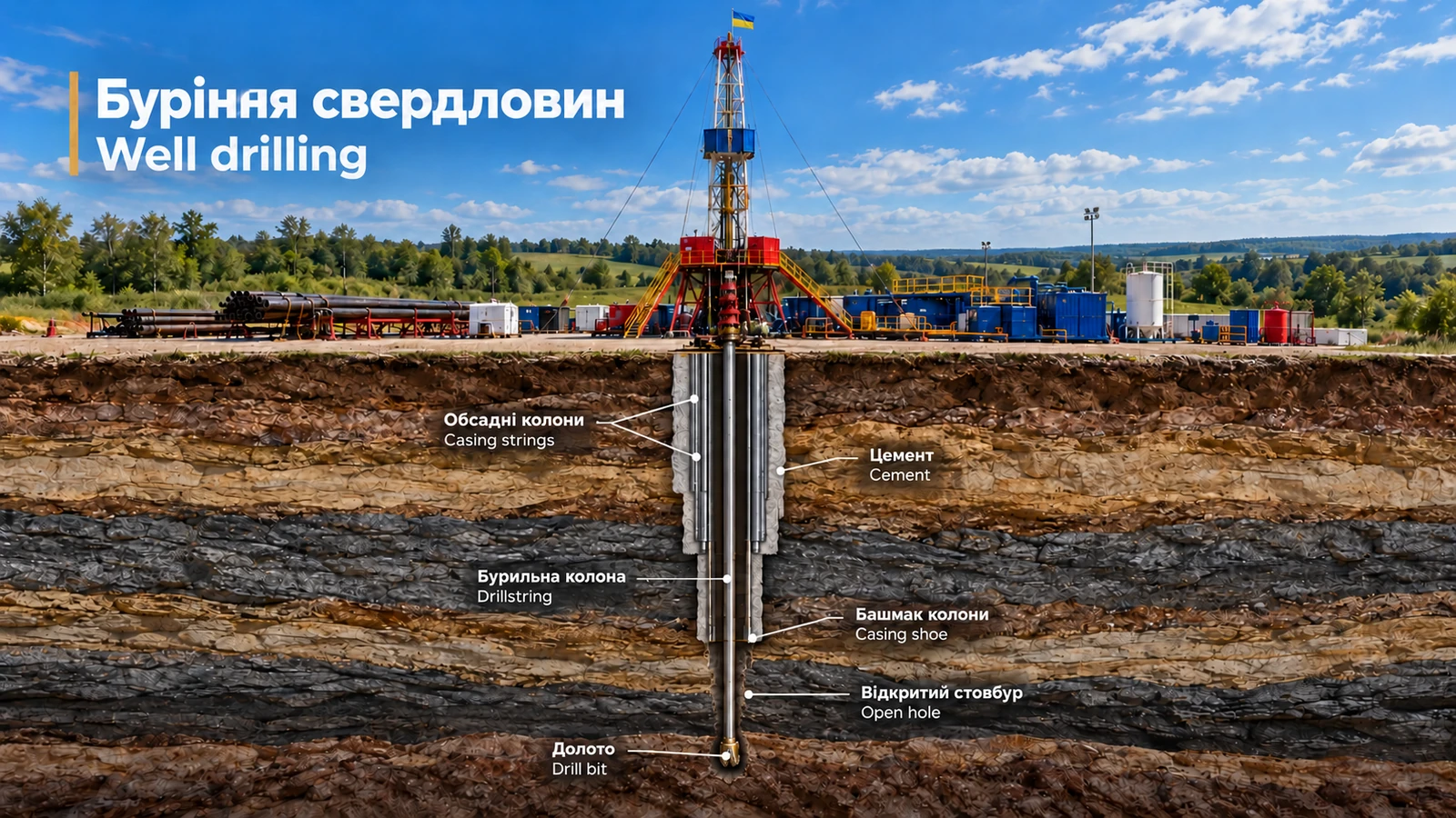Буріння свердловини: бурова установка та розріз обсадних і бурильної колон